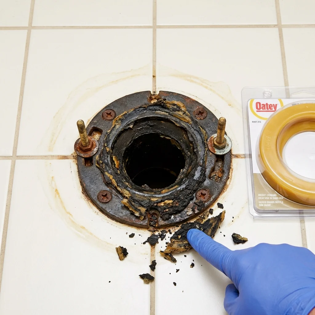 Failed wax ring showing water seepage at the base of a toilet in a Sandwich, MA home