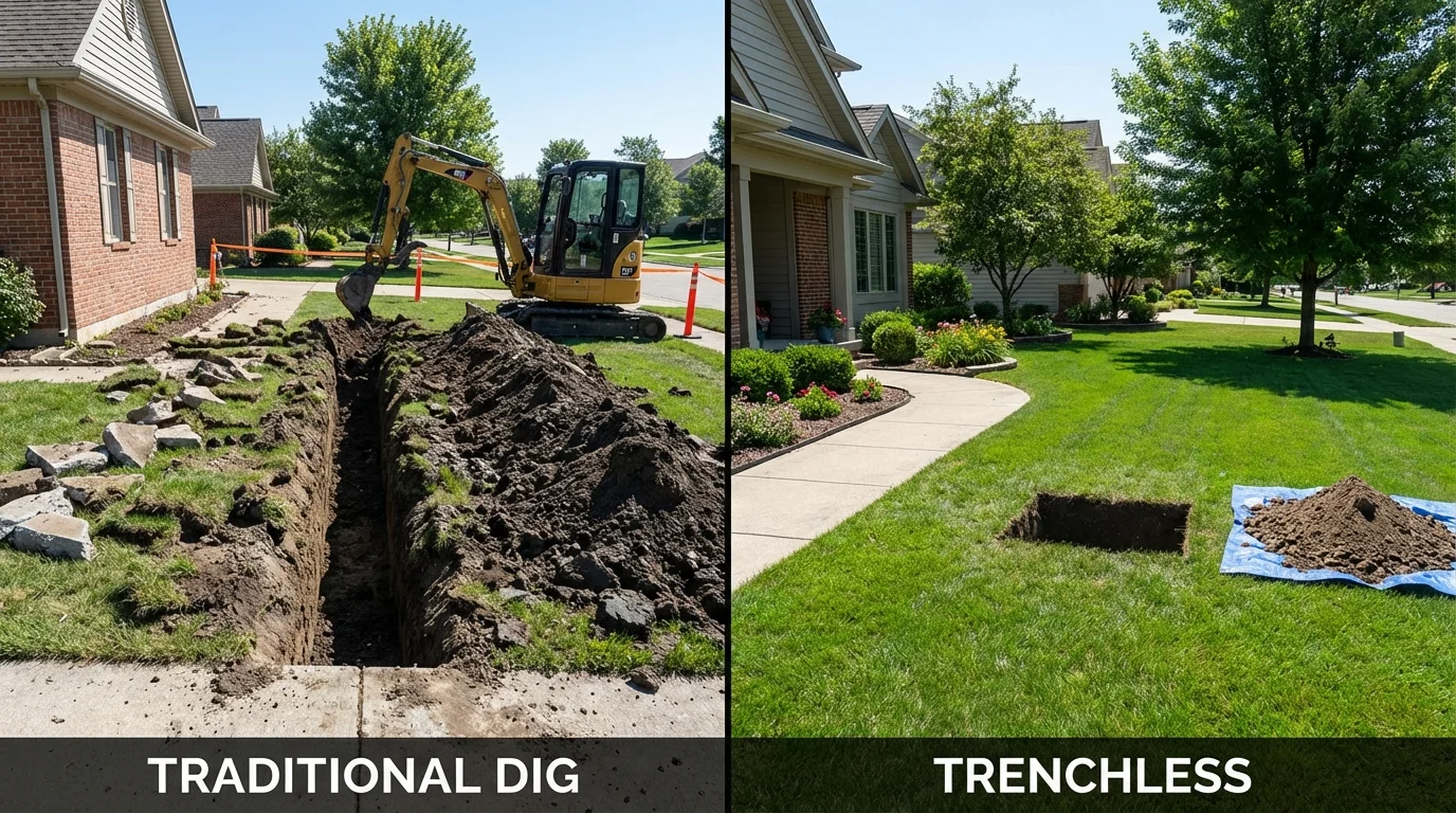 Trenchless sewer repair with minimal yard damage versus traditional excavation in Sandwich, MA