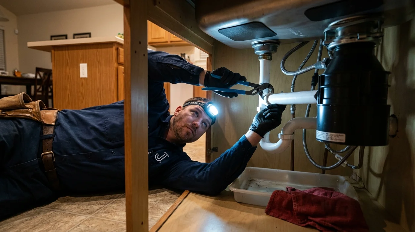 P-trap and supply line connections under a kitchen sink showing a common leak point in Sandwich, MA